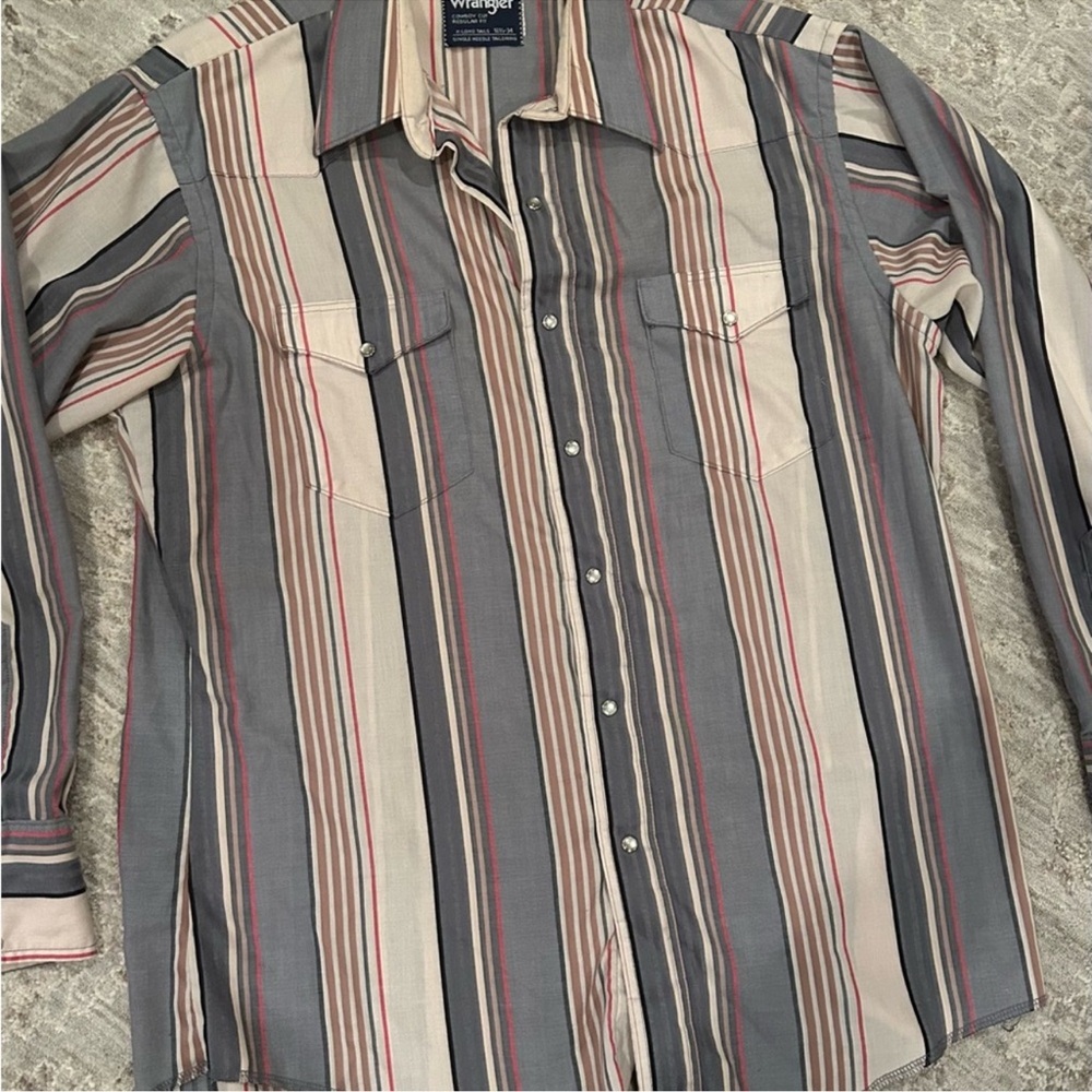 Vintage Wrangler Cowboy Cut Western Shirt Pearl Snap Neutral Stripe USA Workwear